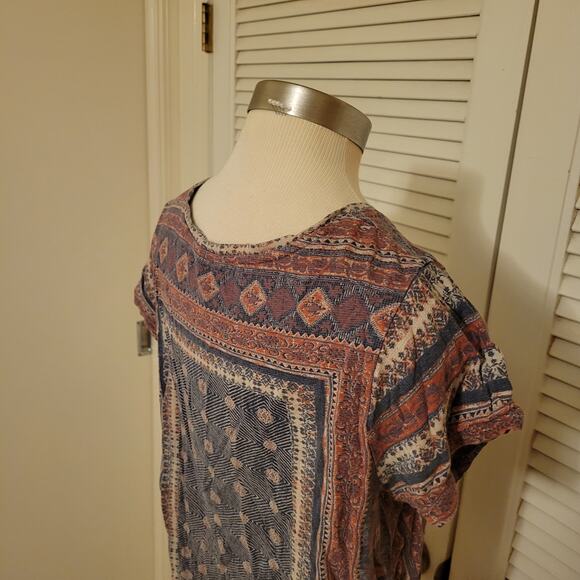 Boho 2000s Lucky Brand XL Geometric Printed Lightweight Linen Blend Tee Shirt XL - Picture 5 of 8